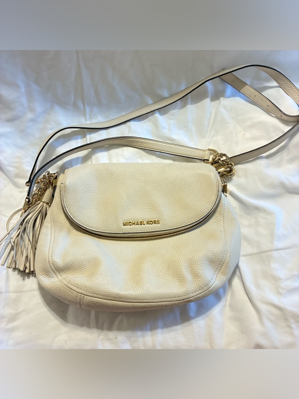 Michael Kors Ivory Pebbled Leather Crossbody with Gold Hardware